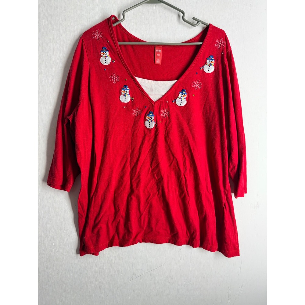 Holiday Time Christmas Snowman Red V-Neck Top Plus Size 3X 22-24 3/4 Sleeve Tee